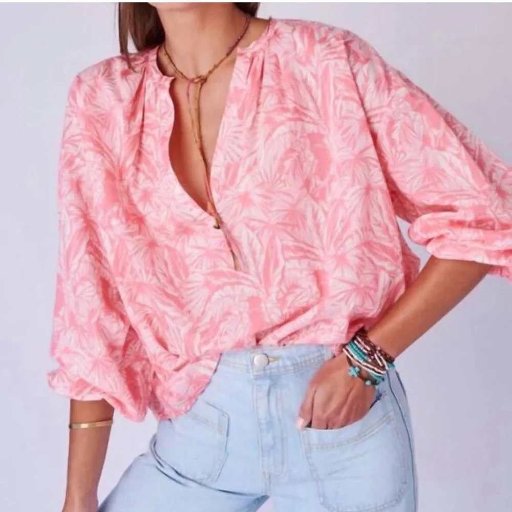 NWT OVERLOVER Cameron Top In Palms Coral Size XS - Picture 12 of 12